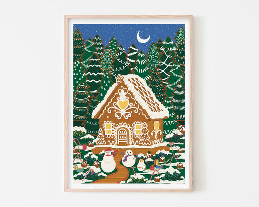 Snowmen in Gingerbread Village Art Print